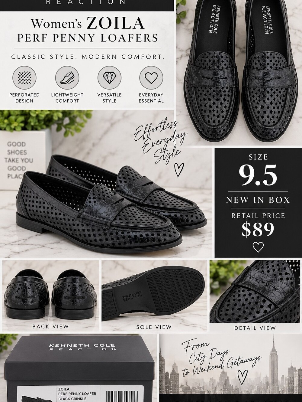 NIB Kenneth Cole Reaction Women's Zoila Perforated Penny Loafers - Black